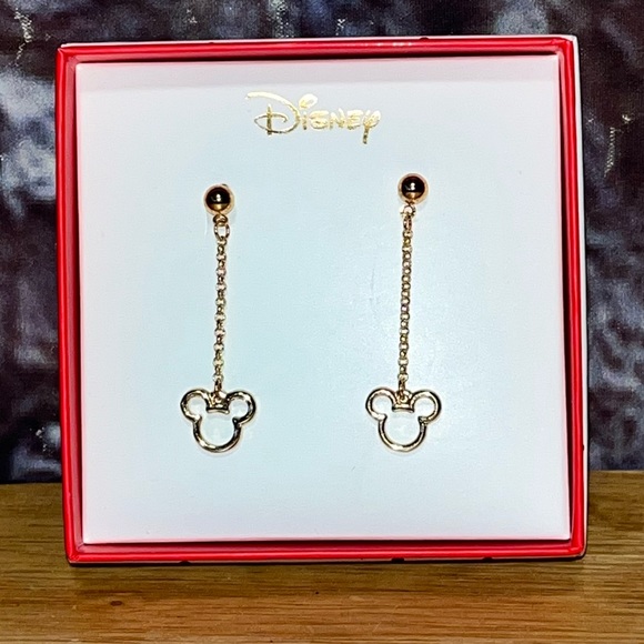Disney Mickey Mouse Head Gold Tone Drop Hanging Earrings 1.5"in. NIB